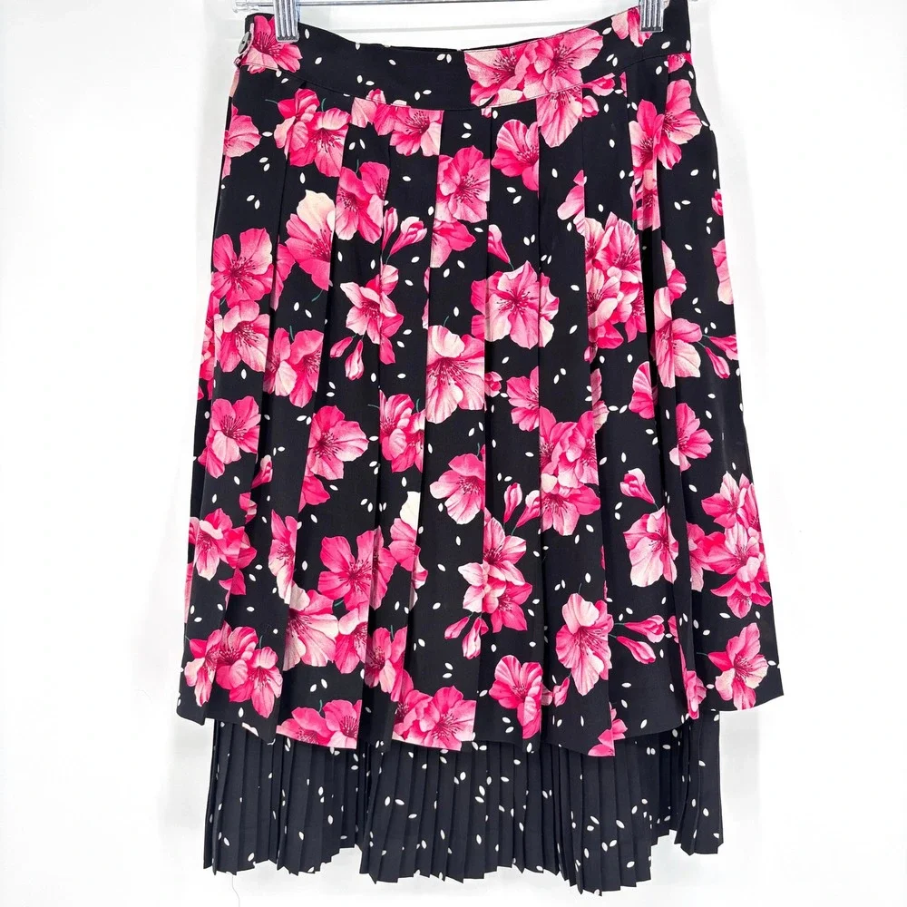 Vintage MaxMara‎ Silk Floral Polka Dot Pleated Skirt Made in Italy Pink Black 8